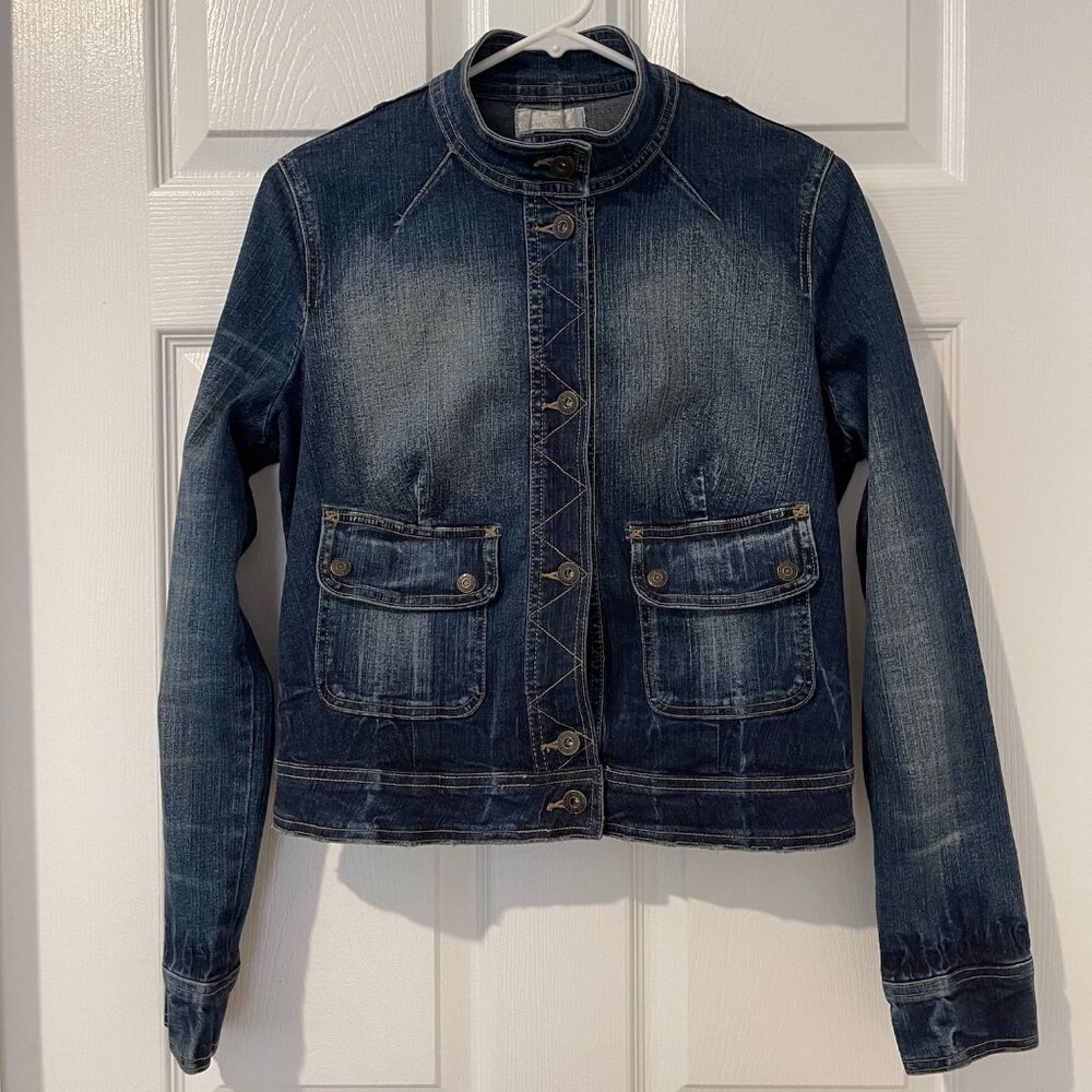 Baby Phat Women's High Collar Denim Jacket Button Up Sz L EUC